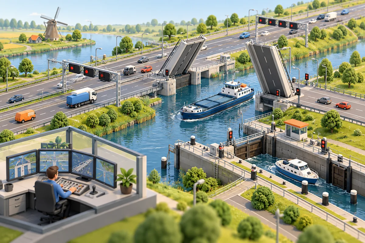Sfeerillustratie van een verkeerscentrale, snelweg, beweegbare brug en sluis.